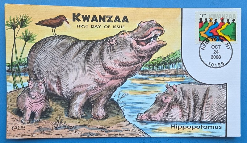 4373 Kwanzaa Hippopotamus - FDC - COLLINS HAND PAINTED CACHET