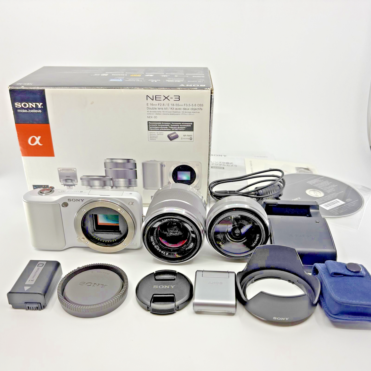 Sony NEX-3 Digital Camera 14.2 MP White 18-55mm F3.5-5.6 16mm F2.8