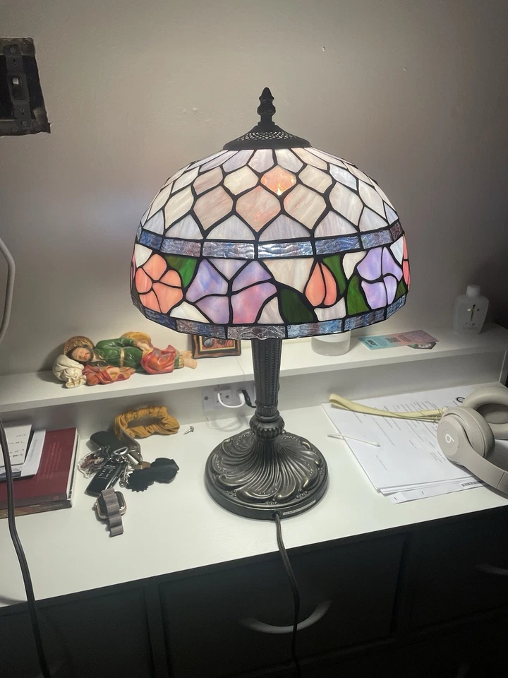 Tiffany Style Lamp Pink & Purple Floral Flowers Stained Glass - Image 2 of 4