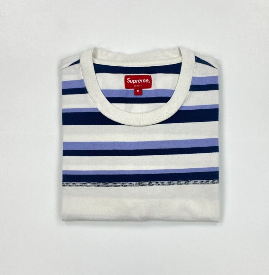 T shirt homme blanc et lavande rayé suprême grand L manches courtes évasé A/B