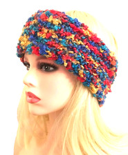 Headband Ear Warmer Multicolor Hand Knitted Mohair Blend Boucle Blue Pink Yellow