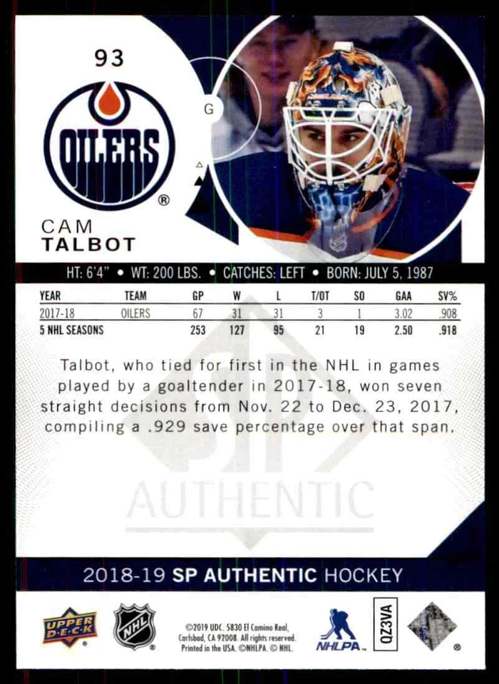 2018-19 SP Authentic Cam Talbot #93 - Image 2 of 2