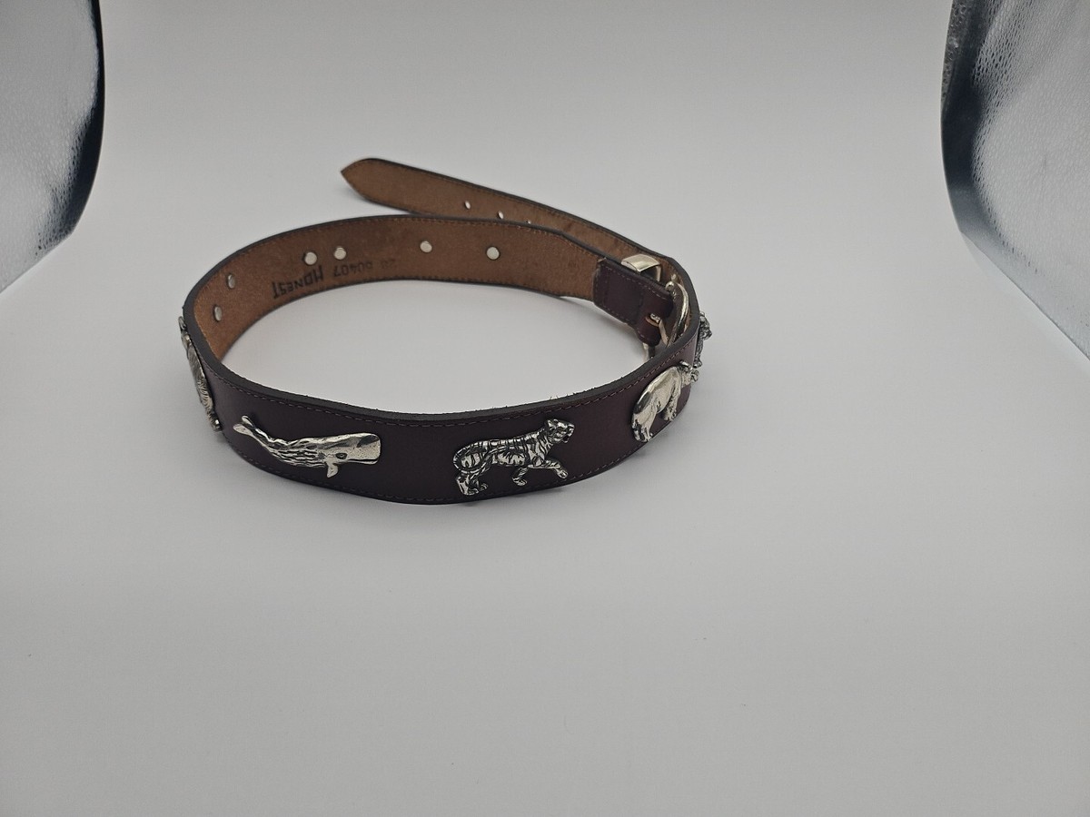 Honest Vintage 1992 Solid Brass Leather Black & Silver Endangered Animals Belt HONEST Brighton Brown Leather Belt Brass Silver Endangered  main image 3