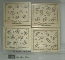 Stampin' Up Fabulous Four Wood Mounted Rubber Stamp Set, Birthday, Baby, Rings