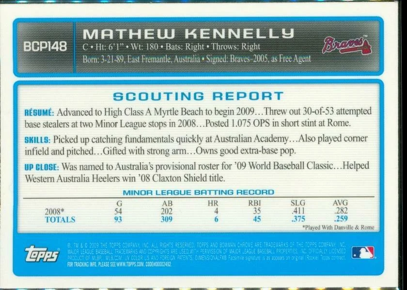 2009 Baseball Card Bowman Chrome Prospects BCP148 MATHEW KENNELLY Atlanta Braves - Image 2 of 2