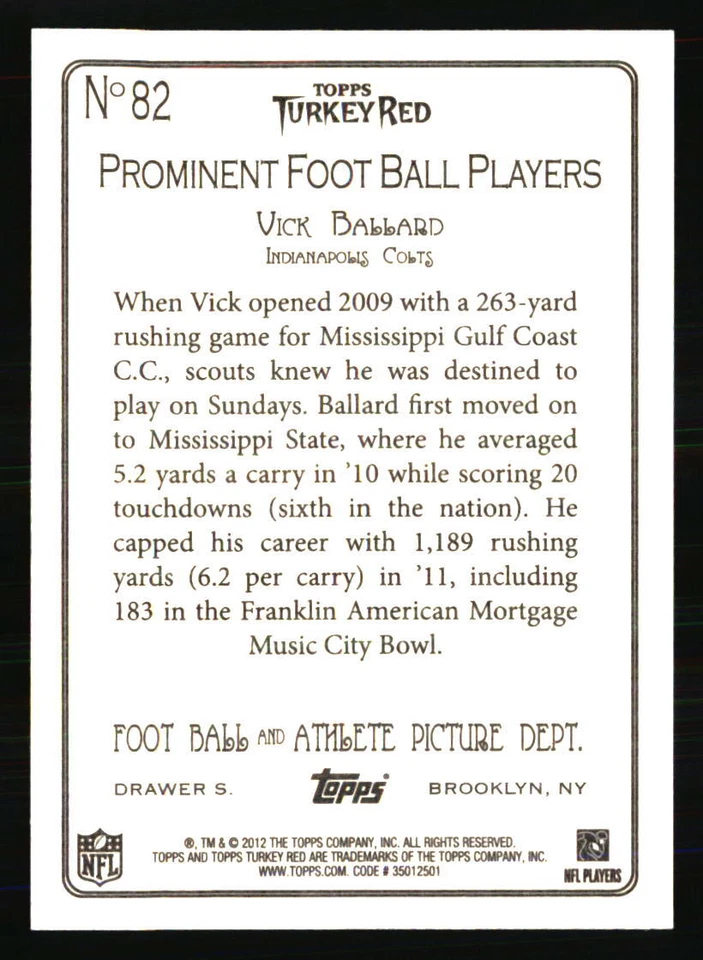 Vick Ballard 2012 Topps Turkey Red #82 FOOTBALL Card - Image 2 of 2