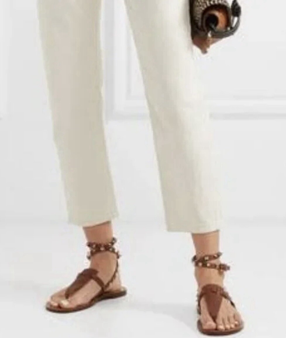 Valentino Rockstud Brown Leather Thong Wrap Slide Sandal Gladiator