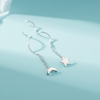 925 Sterling Silver Star Moon Crescent Dangle Drop Threader Stud Earrings I64