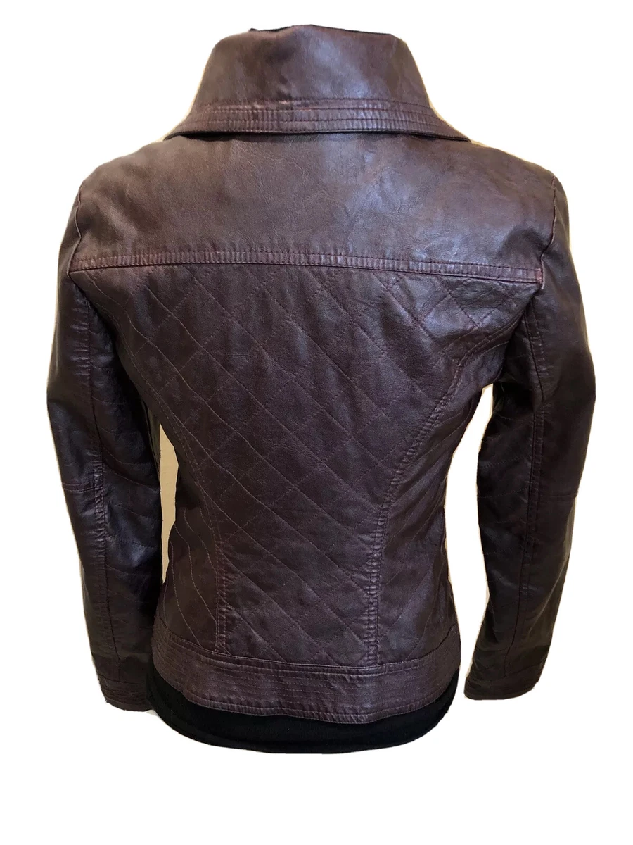 Guess Quilted Faux Leather Jacket Angled Zipper Pockets Large Collar Burgundy