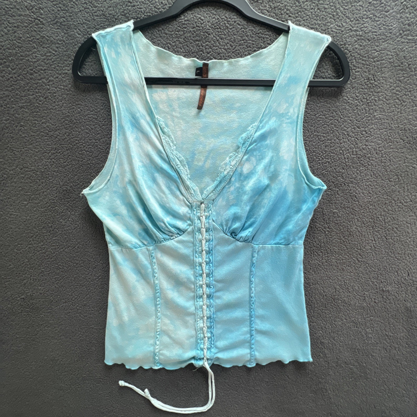Vintage Language Los Angeles Size Large Lace Up V-Neck Top Light Blue Y2K Summer