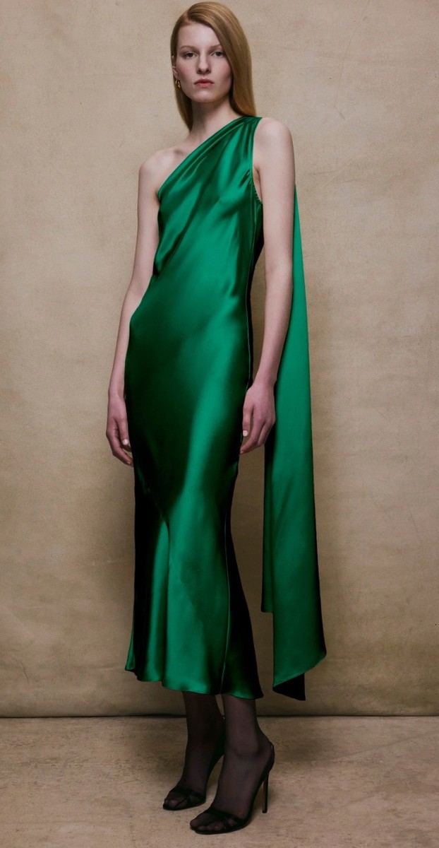 BHLDN Nicoletta One-Shoulder Scarf Satin Midi Dress size small green | eBay