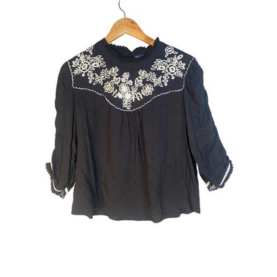 Democracy Blouse Womens XL Black Floral Embroidered Boho Dark Cottage Shabby