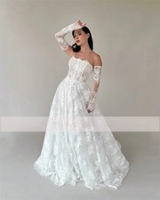 Strapless A-Line White Wedding Dresses Lace Backless 3/4 Sleeve Bridal Gown