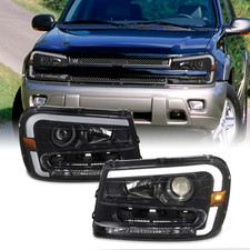 - Fits 2002-2009 Chevy Trailblazer LED DRL Running Projector Black Headlights