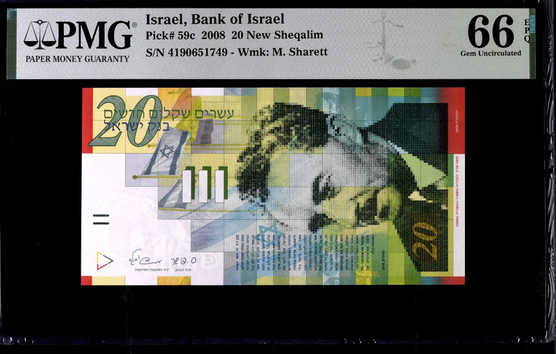Israel 2008*** 20 New Sheqalim PMG Certified Banknote GEM UNC 66