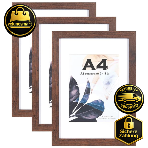 Bilderrahmen A4 3Er-Set Walnussholz Mit Passepartout Wandmontage Freistehend-image