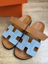 New Hermes Women s Chypre Sandals Size 38.5 Denim Bleu Clair / Naturel