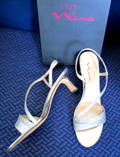 NIB NINA Nori Silver Embellished Sparkle Mid-Heel Strappy Evening Sandals 9.5M