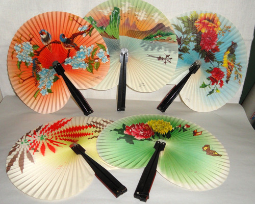 5 Vintage Folding Hand Fans ~ Metal Handle ~ Birds Butterflies Flower Scenery