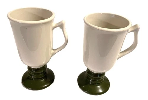 Vintage 2 Irish Coffee Pedestal Mugs Cups White and Gray Hall #1273 Made In USA