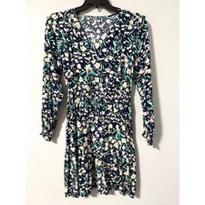 LOFT Navy Blue Floral V-Neck Smocked Waist Tiered Mini Dress Long Sleeve