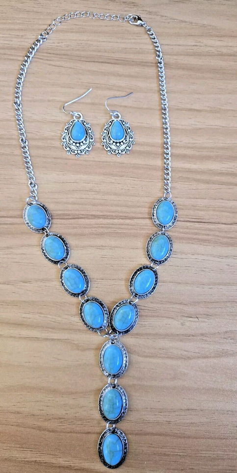 Turquoise Earrings Turquoise Necklace Gift Set Bohemian Chic Silver ...