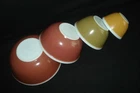 PYREX - 4 pc. Gold, Green, Red, Brown AMERICANA Mixing, Nesting Bowl Set