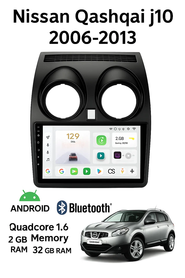 Autoradio Android 9” per Nissan Qashqai J10 (2006–2013) – GPS, CarPlay/Android - Immagine 2 di 4