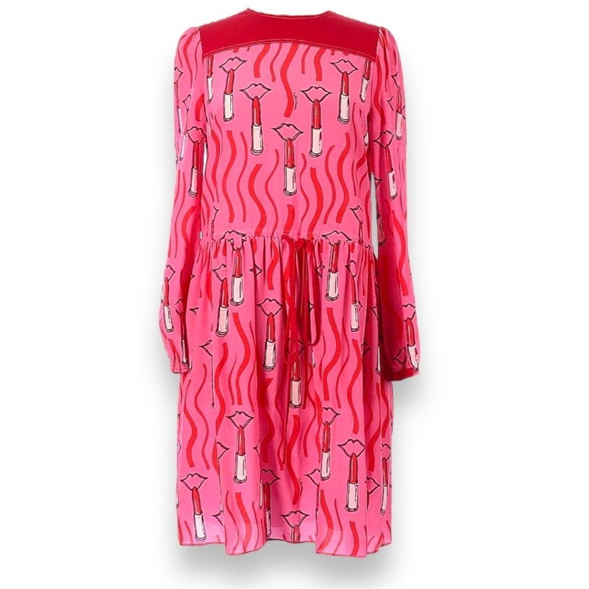 VALENTINO ZANDRA RHODES Lip Lipstick Print Silk Long Sleeve Dress