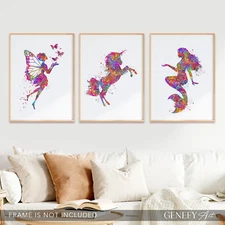 Mermaid Unicorn and Fairy Watercolour Art Print Set of 3 - Girls Room Decor