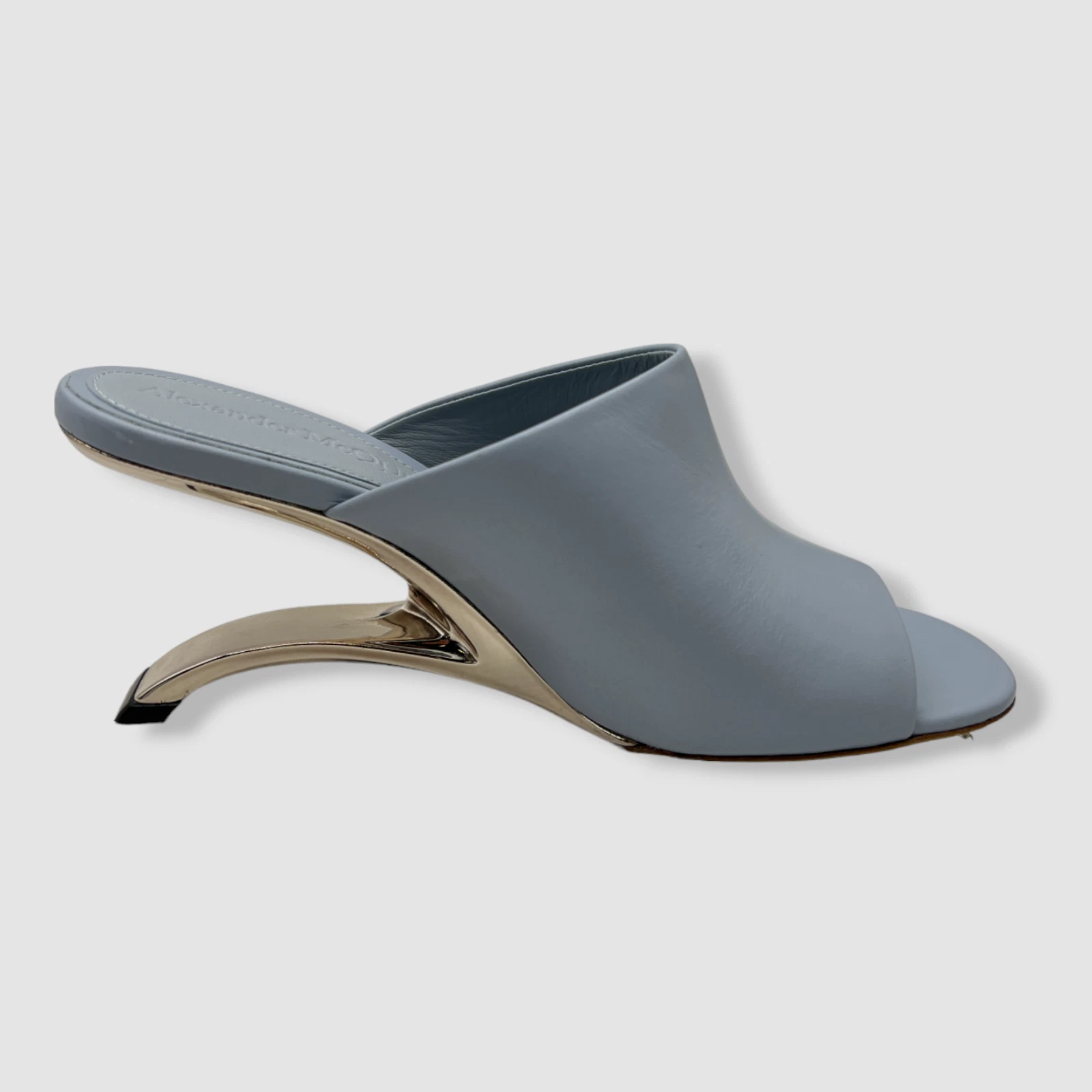 Scarpe sandali Alexander McQueen da donna arco blu pelle di vitello mule 38 5 $990