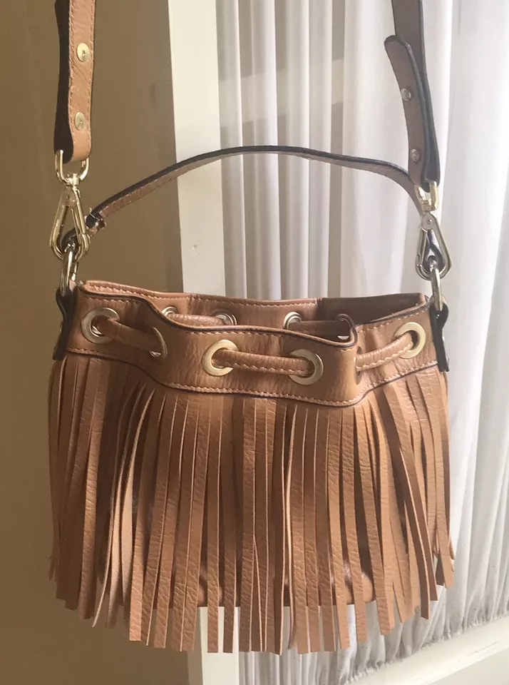 SONDRA ROBERTS SQUARED Purse Fringe Tan Faux Leather Crossbody Shoulder/Handbag - Image 4 of 4