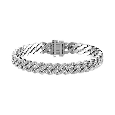 Men s Cuban Link Bracelet 925 Sterling Silver Round Cut Real Diamond 1 Ctw