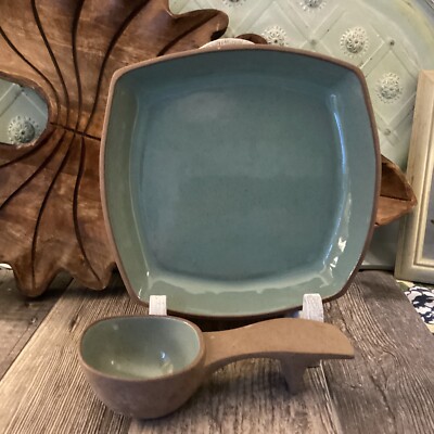 Bret Bortner Design Pottery Green Terra Cotta Wabi Sabi 9  Bowl Signed + Spoon