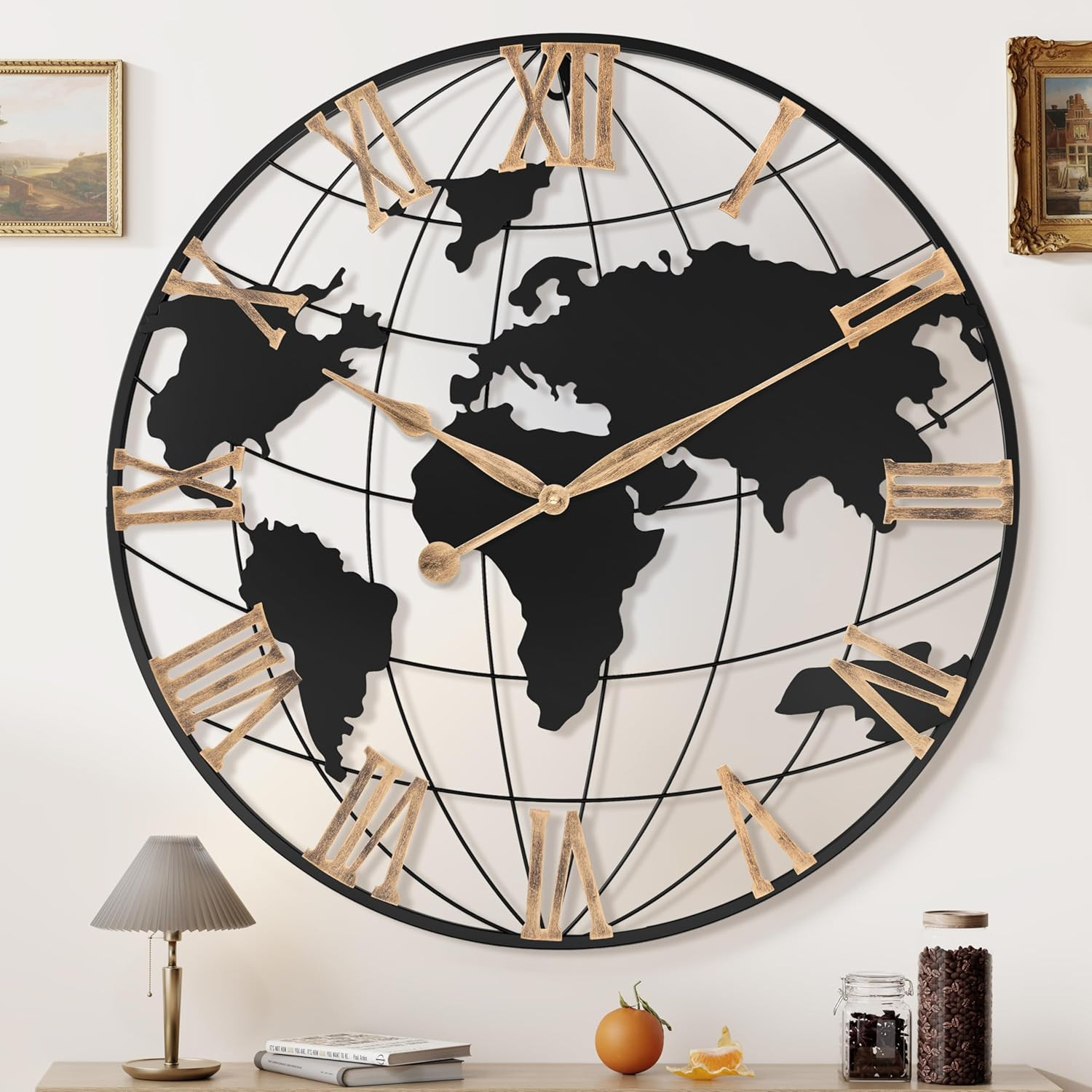 Oversized 30" Black Metal Wall Clock with Gold Roman Numerals & World Map Design