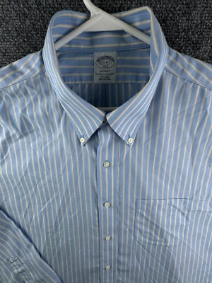 Brooks Brothers Button Up Shirt Cotton Blue Yellow Striped 17.5 36/37 Regent Men
