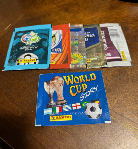 (6) Sealed Packs Panini World Cup Stickers 94' 2006-2022 Messi Ronaldo WC Rookie