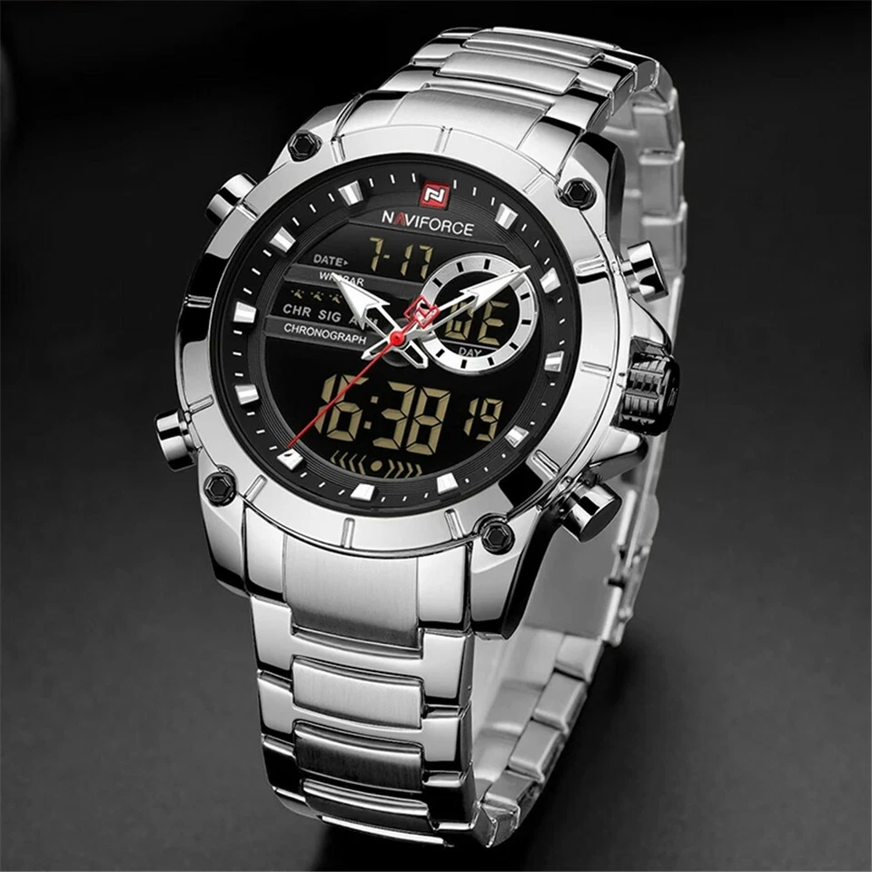 NAVIFORCE Men Digital Watch Steel Business Wristwatch Dual Time LED Quartz Watch - Image 4 of 4