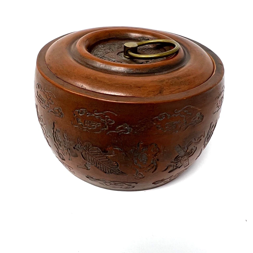 RARE!!! Fine Yixing Zisha Clay Pottery Tea Jar With Lid with Brass Ring - Image 2 of 4