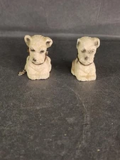 2 Dog Figurines Miniature Sitting Black White Chalkware Hand Painted w/ chains