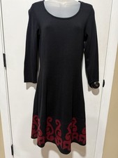 Nine West Black Red Geometric Pattern Hem Knit A-Line Dress 3/4 Sleeve Size S