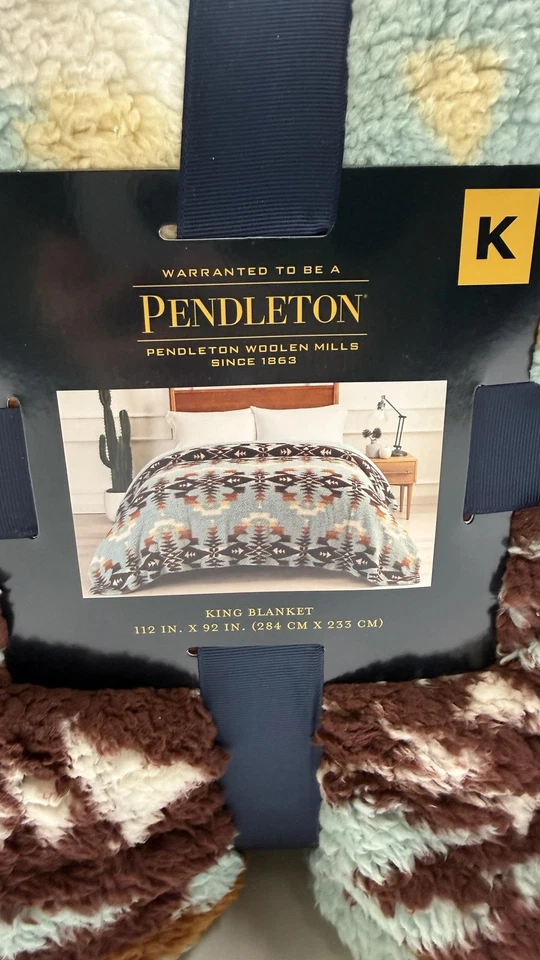 Pendleton King Blanket Avra Valley Teal 112x92 Soft Plush Sherpa Southwest Aztec - Image 2 of 4