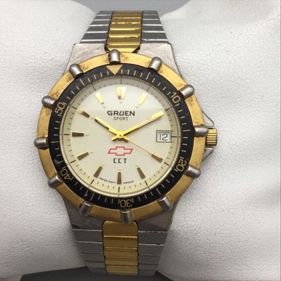 Vtg Gruen Sport Men Watch 35mm Certified Chevy Technicians Two Tone New Battery