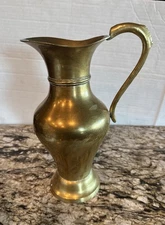Large Brass Pitcher With Handle Patina Made In India Jug Vase Boho Vintage 12.5”
