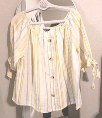 UNIQUE SPECTRUM   Womens Top XL 100% Cotton White Yellow Gray Stripe Peasant 