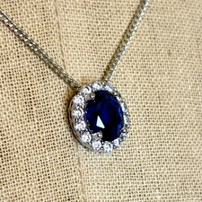 Silver Tone Signed SUN BR Faux Sapphire CZ Pendant 18”-20” Cable Chain Necklace