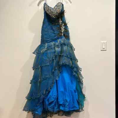 Jovani strapless peacock feather organza gown prom / ball women's size 8  blue | eBay