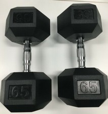 BRAND NEW 65LB PAIR OF RUBBER COATED HEX DUMBBELLS WEIGHTS FOR COMMERCIAL GYM