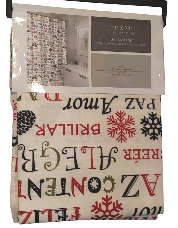 Nuevo Juego de Cortina de Ducha y Ganchos Palabras de Vacaciones Españolas Amor Feliz Alegría 70"x72" Foto 2 de 4