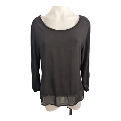 Christine Damen Size Small Sheer Hem Shirt  Blouse Black 100% Rayon Long Sleeves